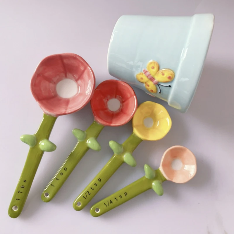 

Creative Flower Cactus Ceramic Measuring Spoon Baking Food Scale Household Kitchen Salt Sugar Spoon with Base Cute Kitchen Tool