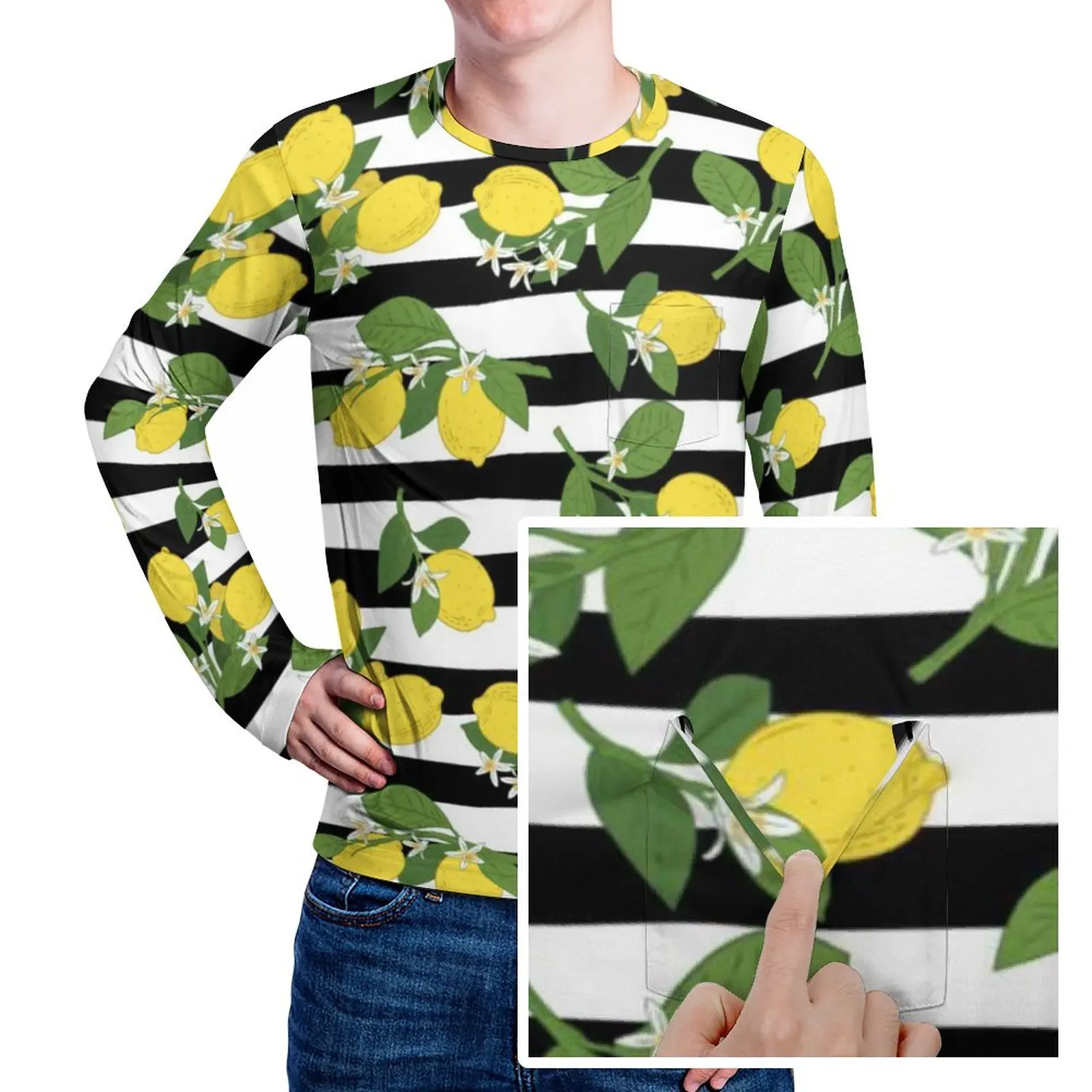 

Lemon Lemons Yellow T-Shirt Pocket Black And White Stripes Hippie T Shirts Men Kawaii Tshirt Long Sleeve Design Clothes Big Size