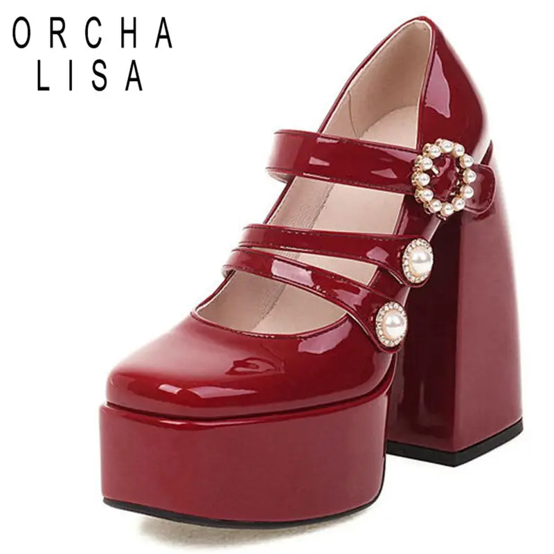 

ORCHA LISA Women Pumps Square Toe 5cm Platform 14.5cm Block High Heel Pearl Buckle Straps Big Size 34-43 Green Spring S3636