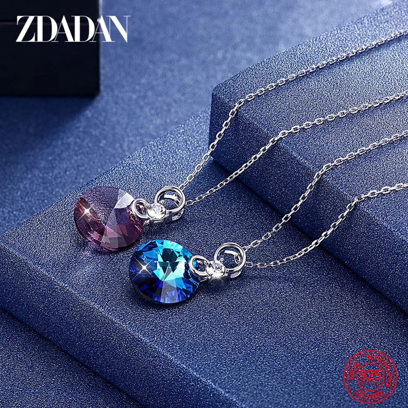 

ZDADAN 925 Sterling Silver Round Crystal Necklaces For Women Fashion Jewelry