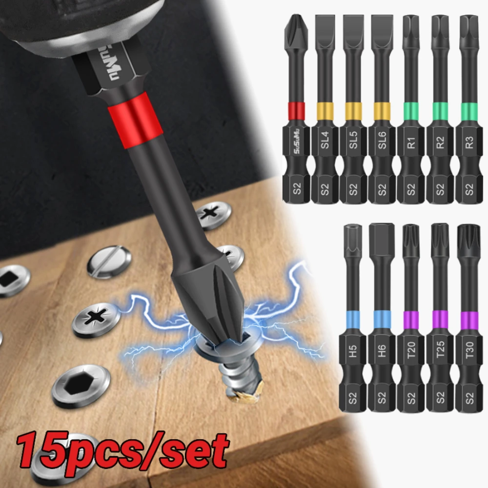 

15pcs Magnetic Batch Head Impact Tough Screwdriving Power Bits Strong Cross High Hardness Anti Non-slip PH2 Drill Bit Set
