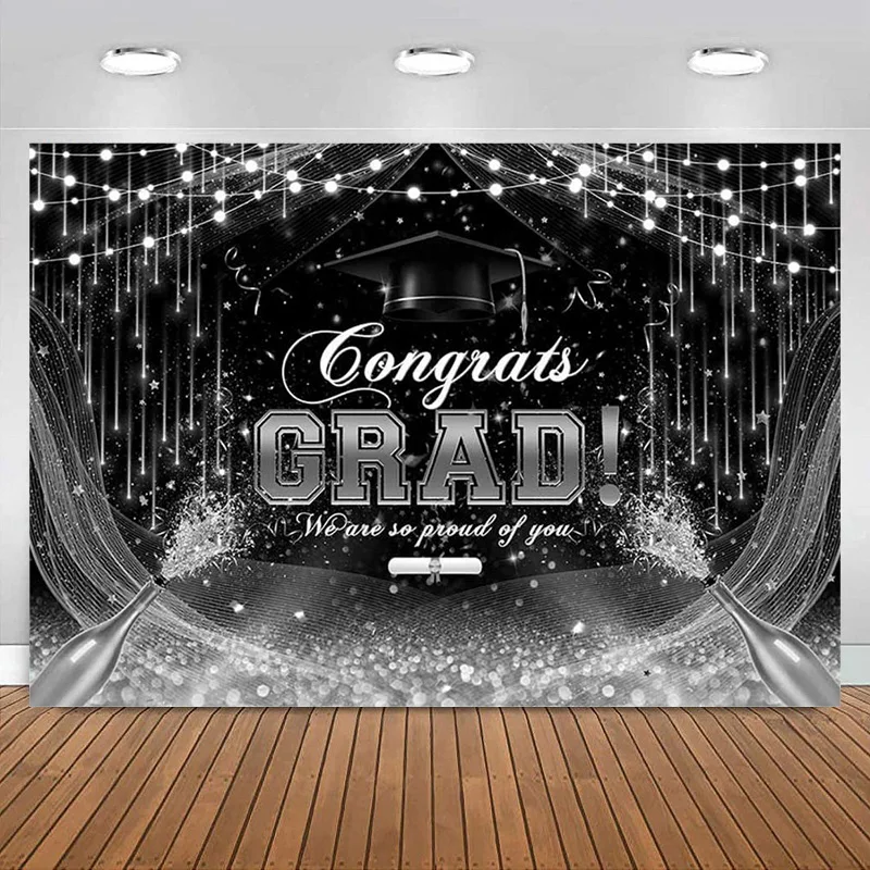 

Congrats Grad Class of Backdrop Black Silver Glitter Graduation Prom Party Decoration Congratulate Banner Photography Background