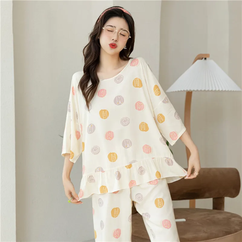 UHYTGF Pajamas Womens Print Cotton Silk Summer Two-Piece Set Sleepwear Female Thin Home Clothes Breathable Ladies Nightgown 2501