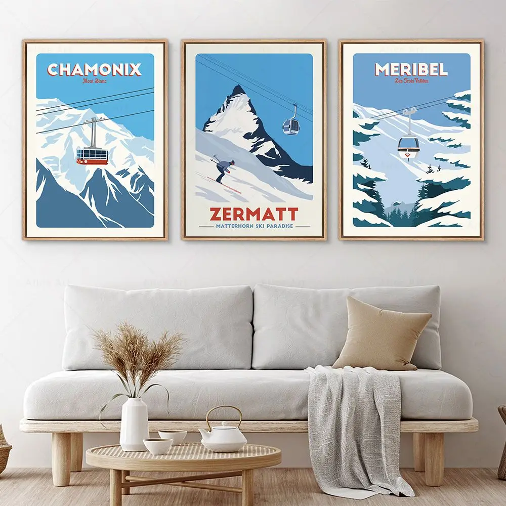 Плакаты для путешествий на лыжах World Ski Resort Chamonix Zermatt Meribel холст картина настенная