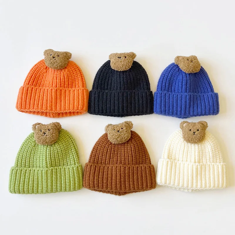 

Autumn Cute Bear Hat for Kids Winter Knitted Baby Cap Infant Boy Beanie Hats Cartoon Korean Girls Woolen Cap Babies Accessories