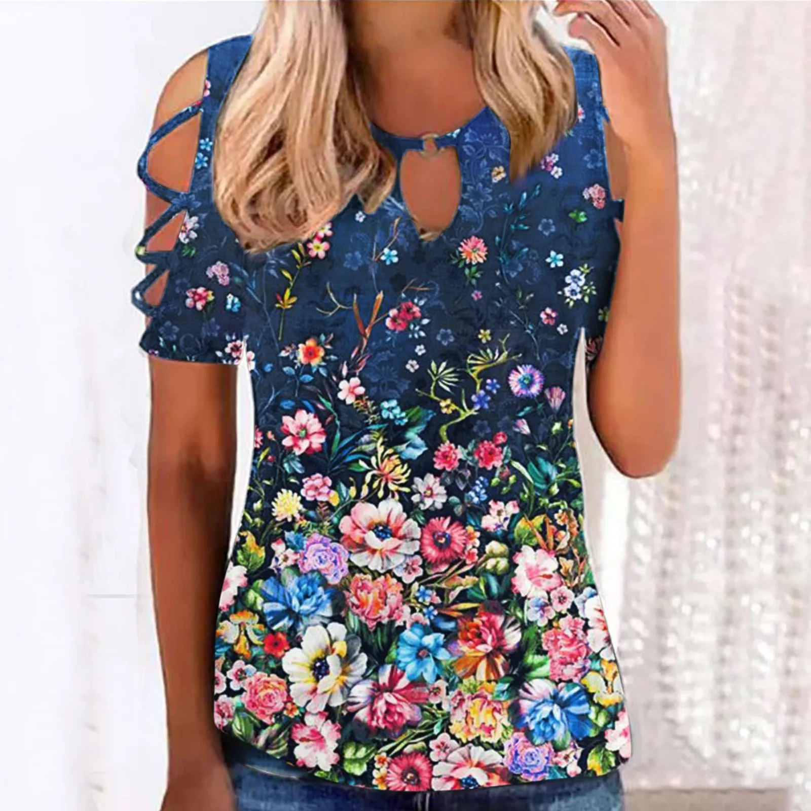 

Sexy Out Tees Shoulder Casual Comfortable Short Summer Cold Women Loose Hollow Crewneck Tshirts Sleeve Shirts Womens A Shirts