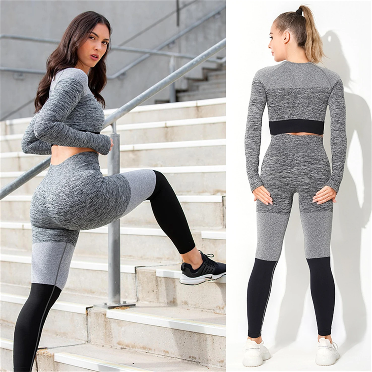 

Two Pieces seamless sports gym Women clothing sets outfit Long Sleeve Crop Top Yoga Leggings Suit Quick Dry Slim Fit Fitness set