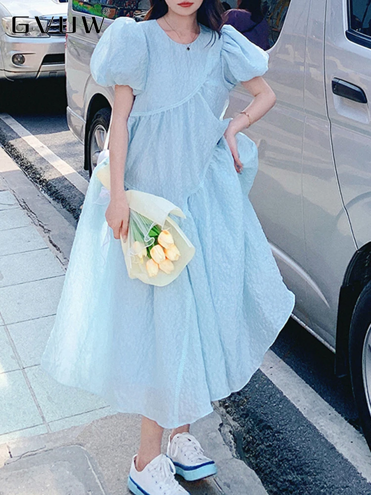 

Женское платье-трапеция GVUW, однотонное свободное Повседневное платье с круглым вырезом и пышными рукавами, модель 17J0859 на лето, 2023
