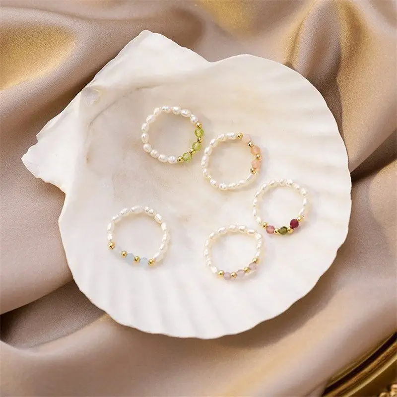 

Colorful Crystal Adjustable Rope Chain Rings For Women Continuous Cute Multi Beaded Circle Minimalist Ring Imitation Pearl