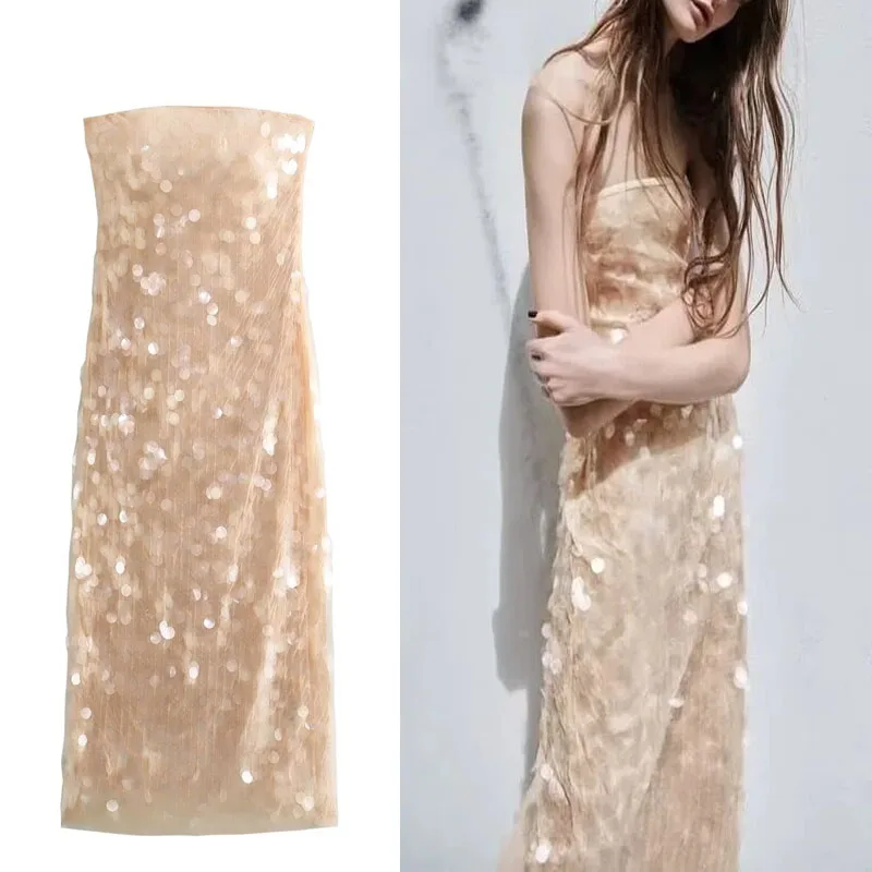 

Платье-миди женское блестящее без бретелек с открытыми плечами и блестками