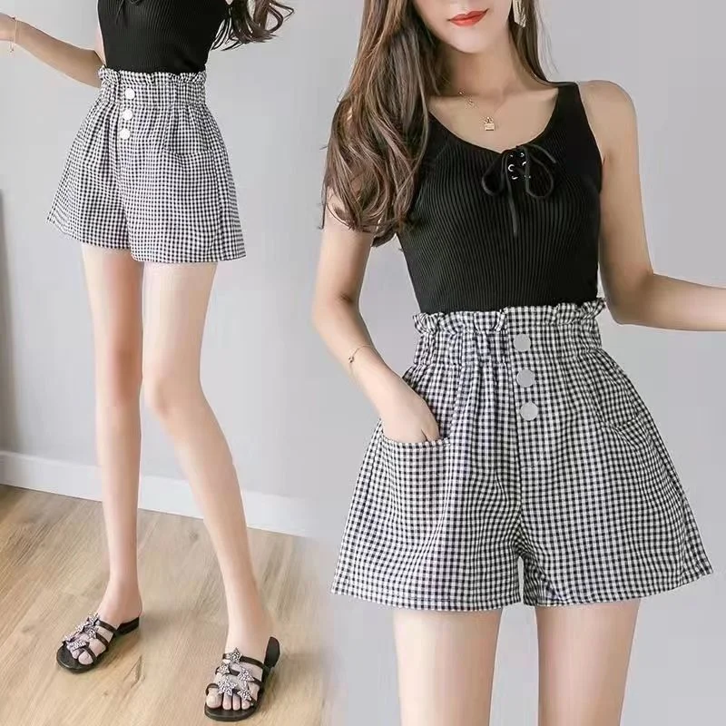 Elastic Waist Wide Baggy Short Pants for Women To Wear Loose Plaid High Womens Shorts Streetwear Normal Outdoor Trend 2023 XL Xl