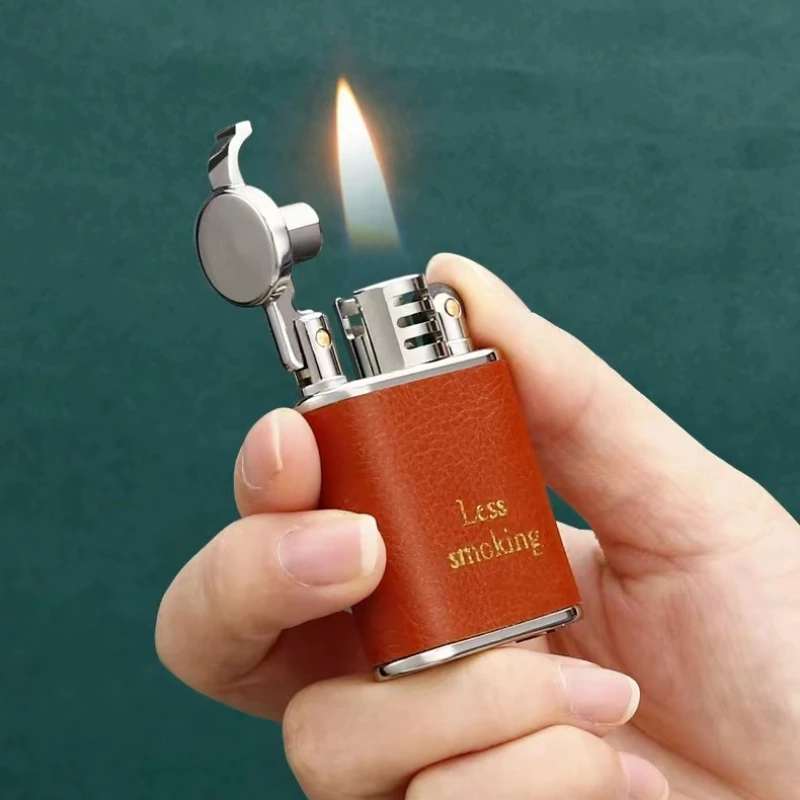 

New High-value Hand-stitched Leather Kerosene Lighter Creative Retro Grinding Wheel Exquisite Lighter Men's Holiday Gift