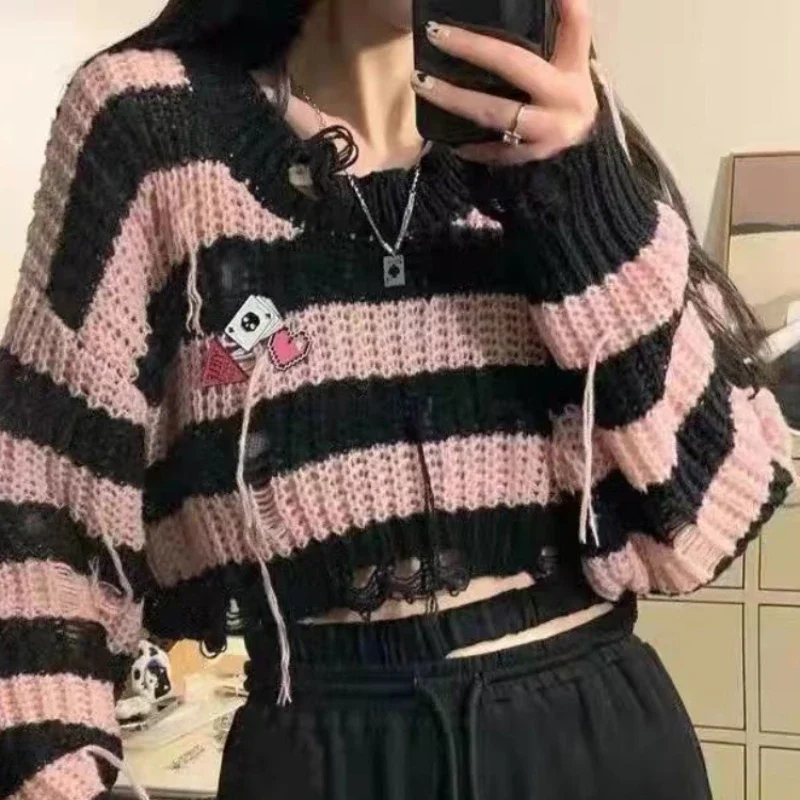 

DUOFAN Y2k Gothic Harajuku Stripped Crop Sweaters Women Grunge Knitted Pullovers Hollow Out Mall Goth Tops 2023 Autumn Jumpers