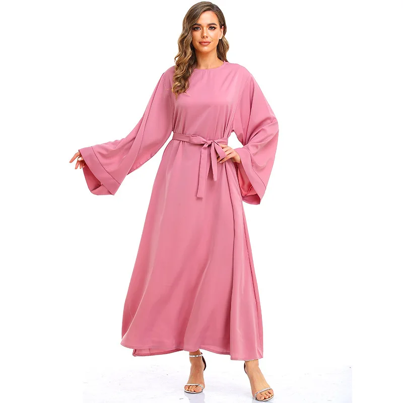 Muslim Abayat Solid Color Loose Lace Robe Femme Musulman Trumpet Sleeve Ladies Dress for Middle East, Europe and America