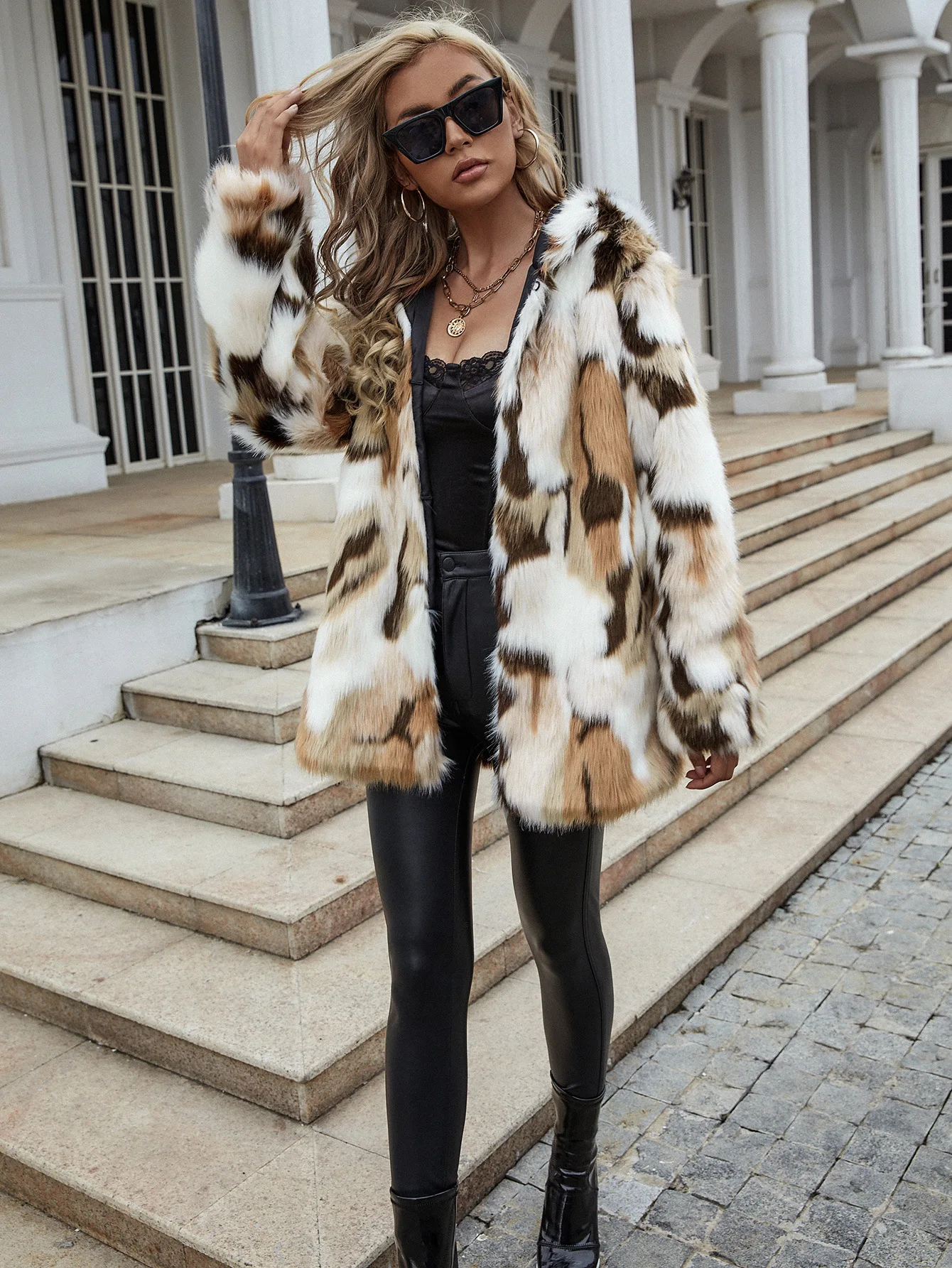 2022 Fashion autumn and winter long color contrast hooded imitation fur coat women's casual coat