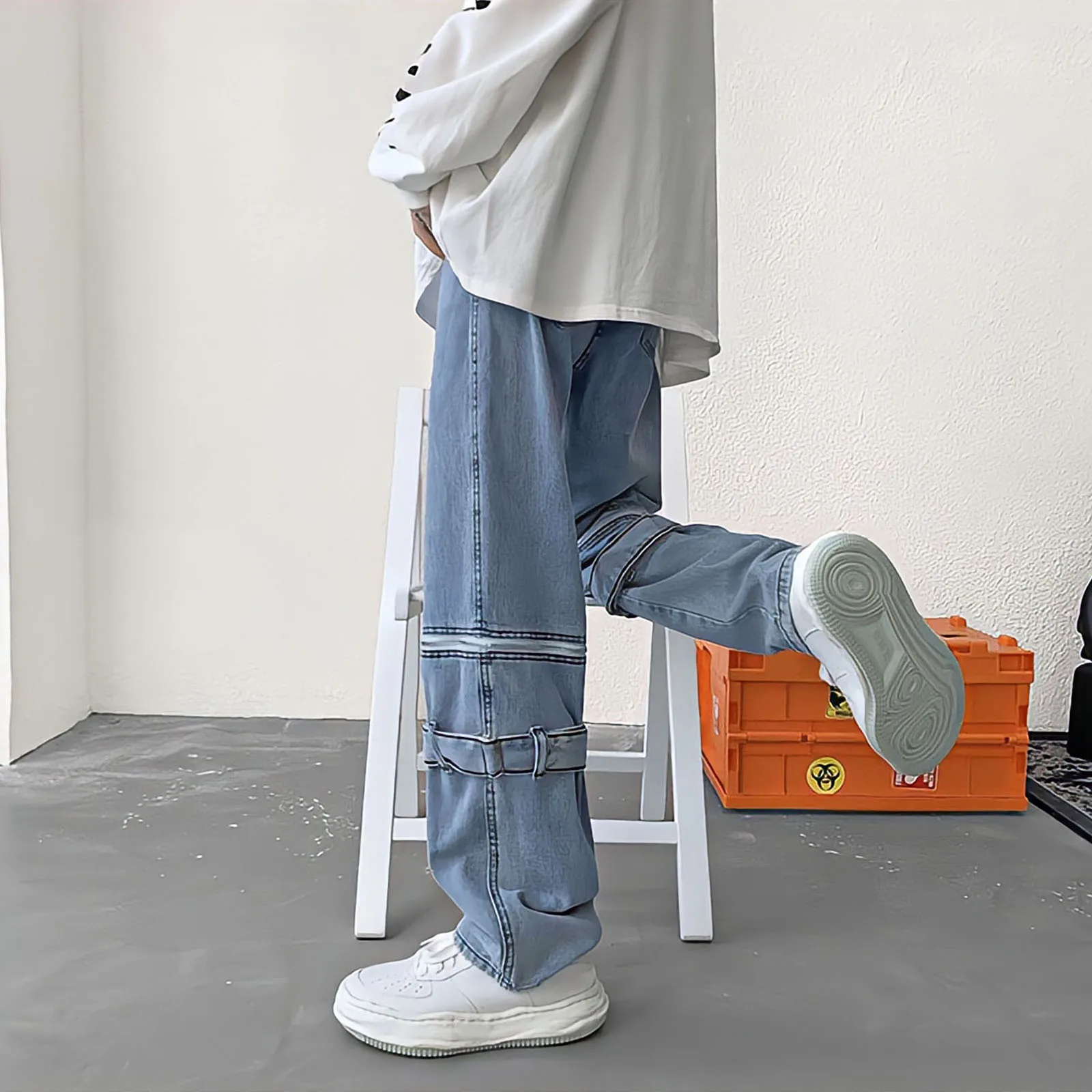 Blue Jeans Man Harajuku Style Detachable Zipper Baggy Straight Cargo Pants Korean Streetwear Hip Hop Punk Wide Leg Trousers