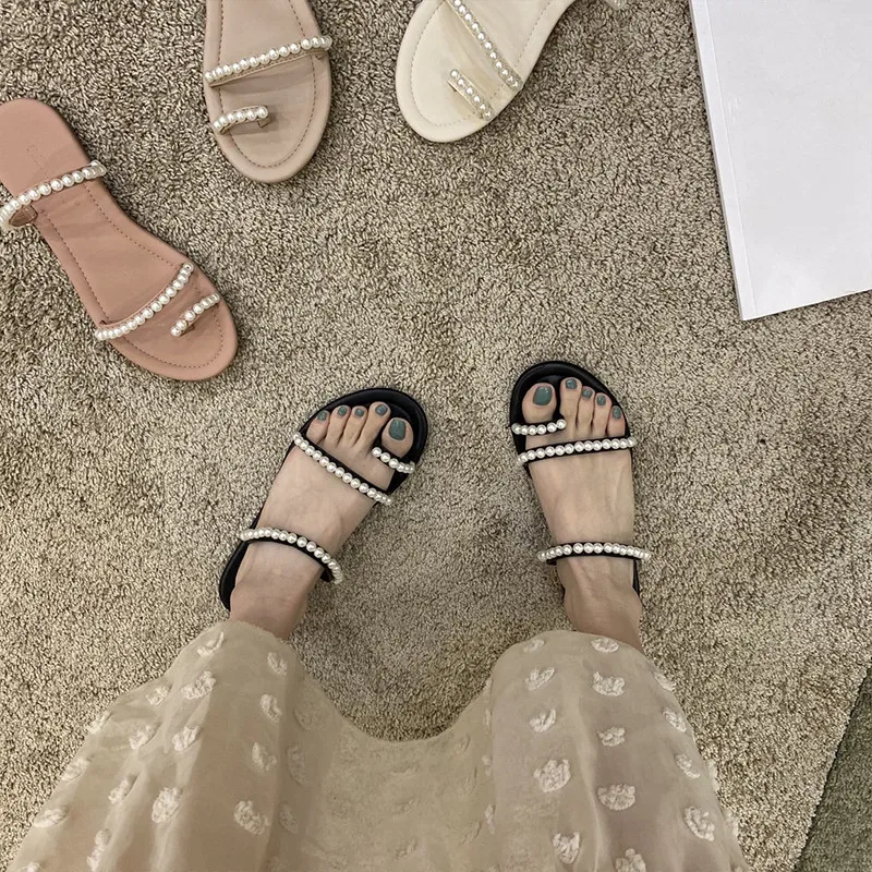 

Slippers Women Summer String Bead Shoes Pantofle Low Rubber Flip Flops Luxury Slides Flat 2022 Hawaiian Designer PU Basic Rome