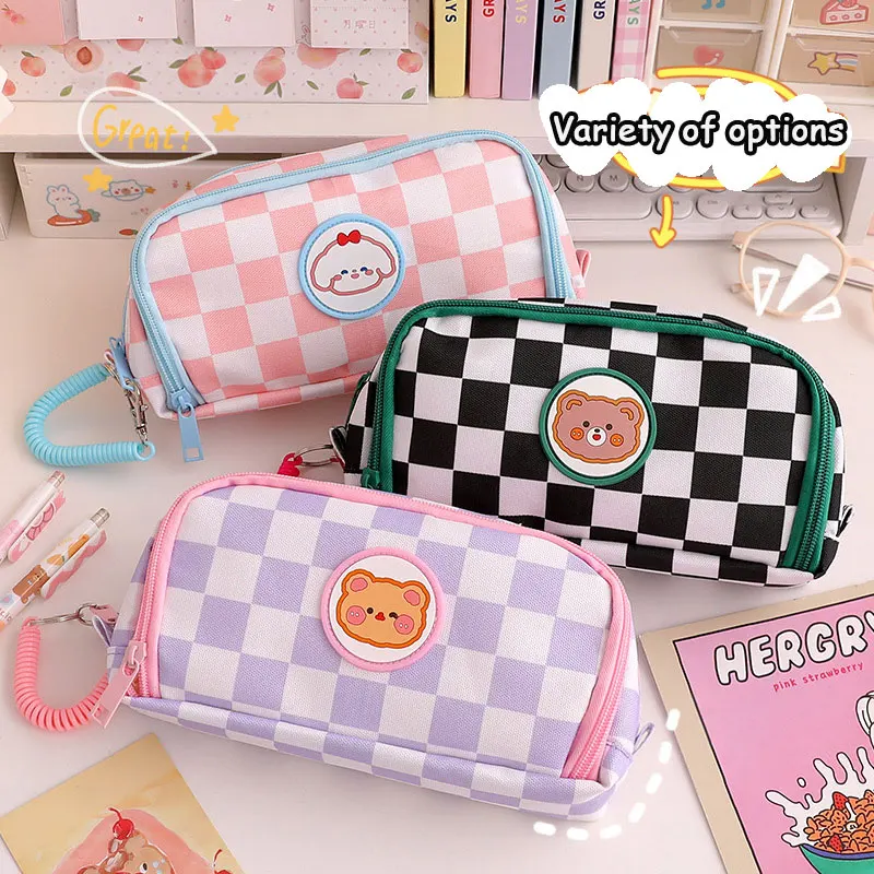 

Kawaii Checkerboard Pencil Case Simple Large Capacity Pencil Bag for girls Student Korean Stationery Canvas Estuche
