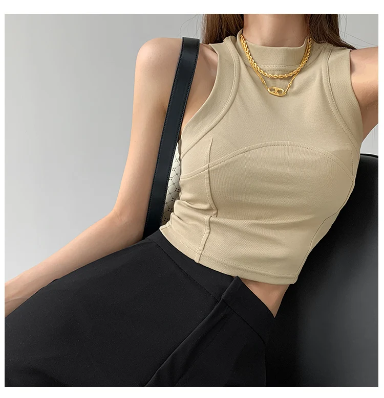

Hot Girl Design Sense Stitching Vest Women 2022 Summer Sexy Backless Slim Tank Cropped Tops Sleeveless White Black Blouse