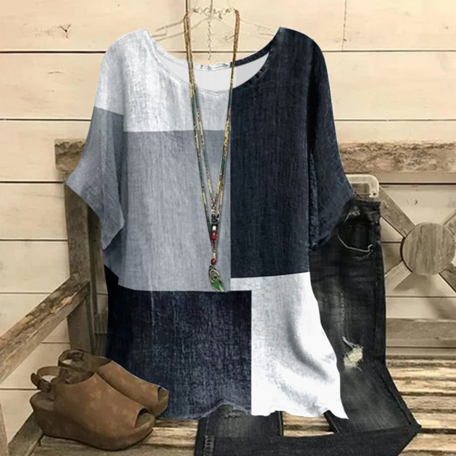 

Women's Vintage Patchwork Oversized T Shirt Summer Round Neck Three Quarter Sleeve Tops Female Harajuku Casual Loose Blouse