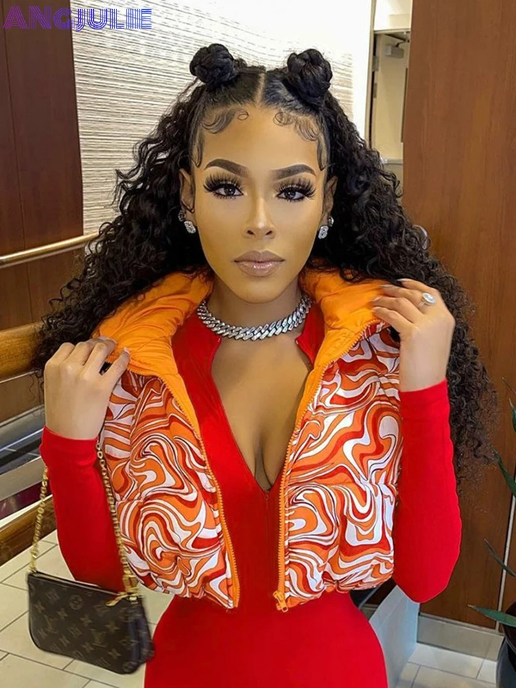 

Angjulie Puffy Jacket Women Stand Neck Print Zipper Sleevless Jacket Women 2022 Fashion Street Style Crop Clubbing Outfit Women