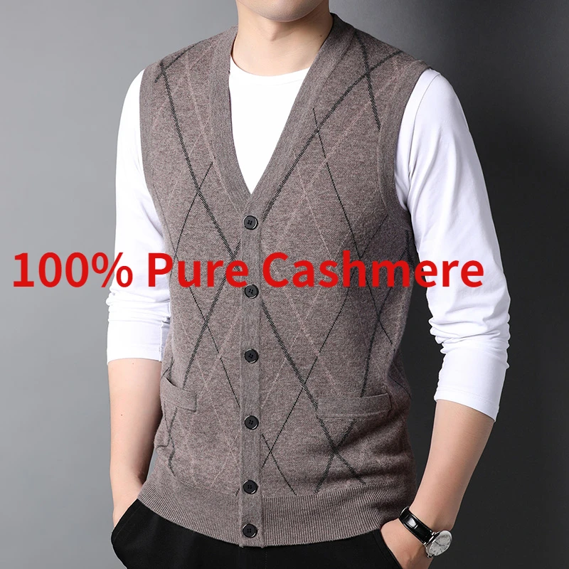 

New Arrival Fashion Men's 100% Pure Cashmere V-neck Cardigan Vest Men's Casual Knitted Warm Sweater Size XS S M L XL 2XL 3XL