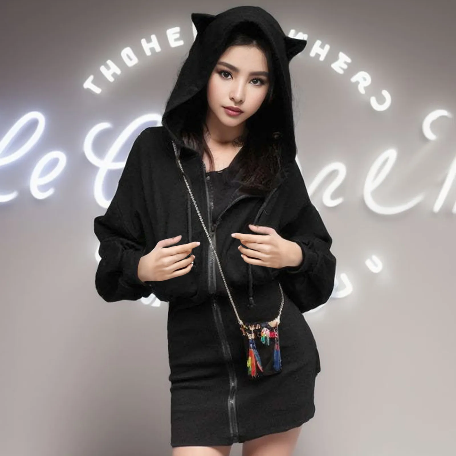 

Women Cat Ears Hooded Sweatshirts Coat Solid Color Oversize Zip Up Hoodie Drawstring Long-Sleeve Pullover Streetwear Clothing