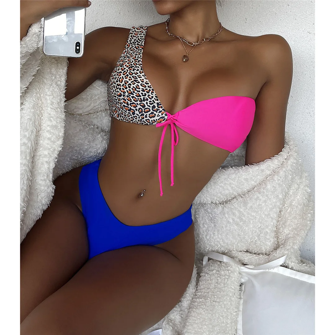 

Splicing Leopard One Shoulder Bikini Set Lace Up Women Swimwear Female Patchwork Swimsuit Two-pieces Beachwear Swim Lady