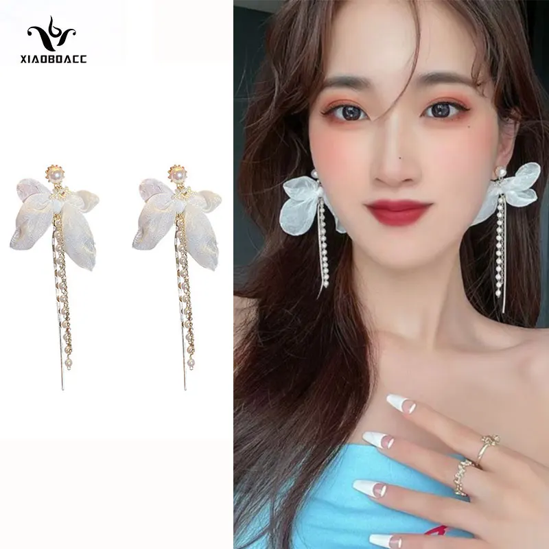 

XiaoboACC 925 Silver Needle Lace Bowknot Drop Earrings for Women Fashion High-end Long Tassel Pearl Earring Jewelry