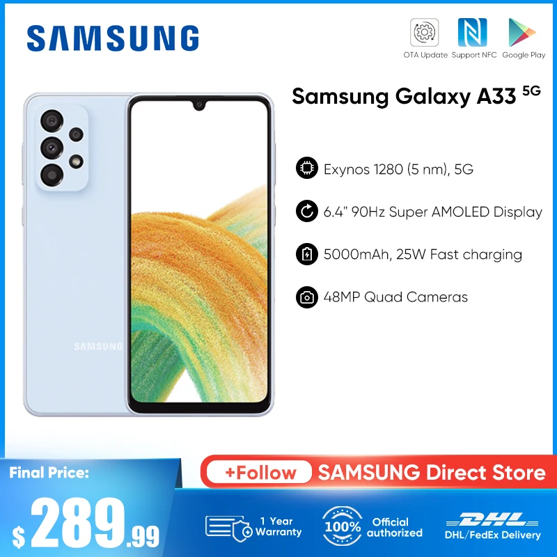 Original New Samsung Galaxy A33 5G Smartphone Exynos 1280 Octa-core 5000mAh 25W Fast Charging Phone 90Hz Super AMOLED Display