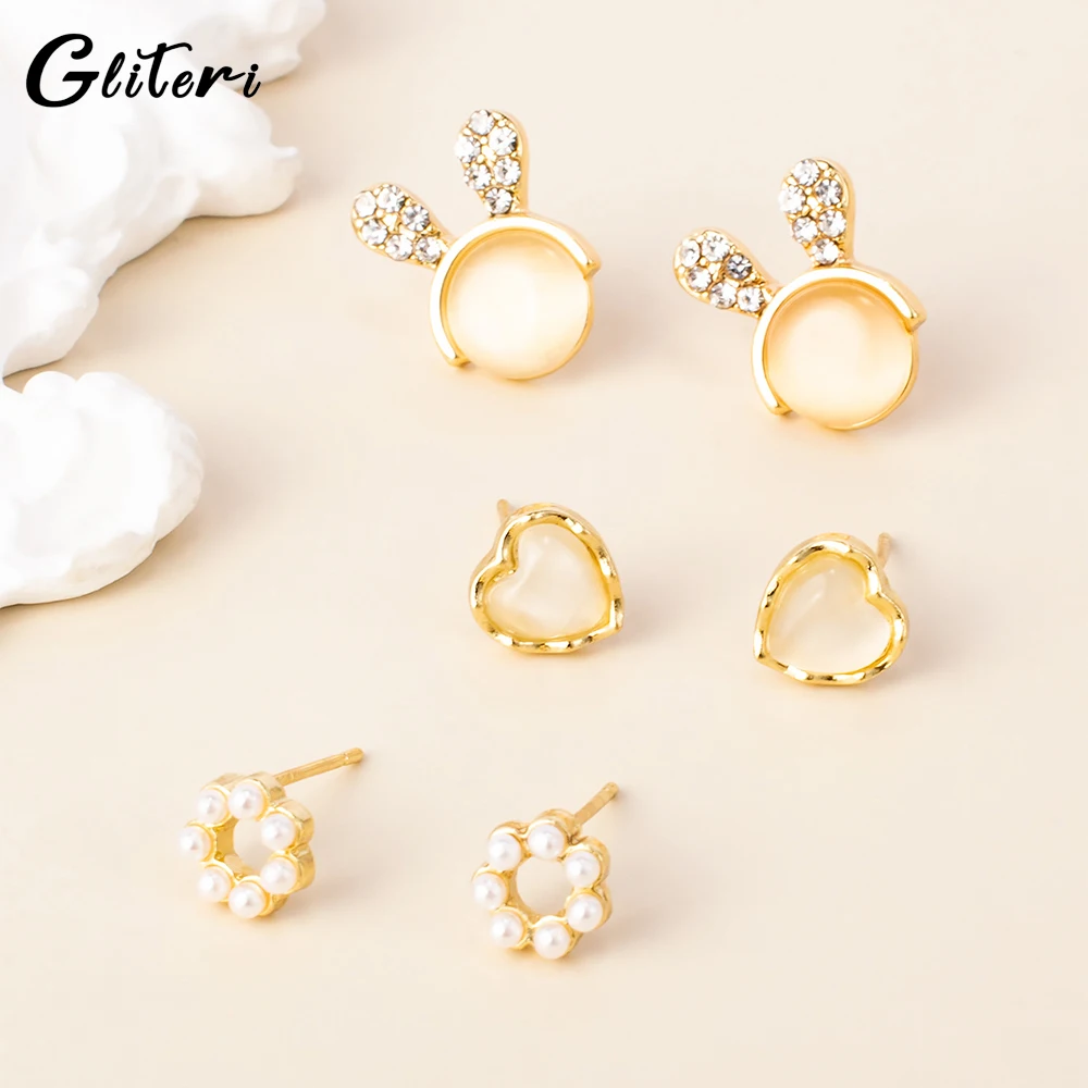 

GEITERI 6Pcs/Set INS Style Opal Earrings For Women Girls Gold Color Pearl Heart Rabbit Stud Earring Trendy Jewelry Party Gifts