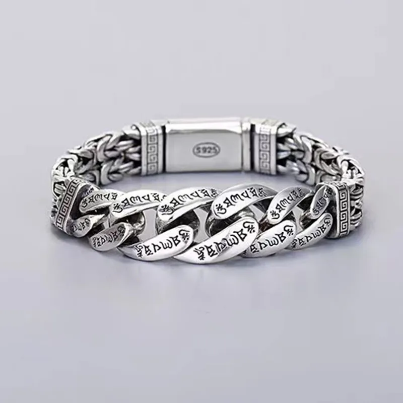 

S925 silver men's Personality Bully Six Words Of Truth Peace Line Transshipment Bracelet Retro Silver Chain Jewelry