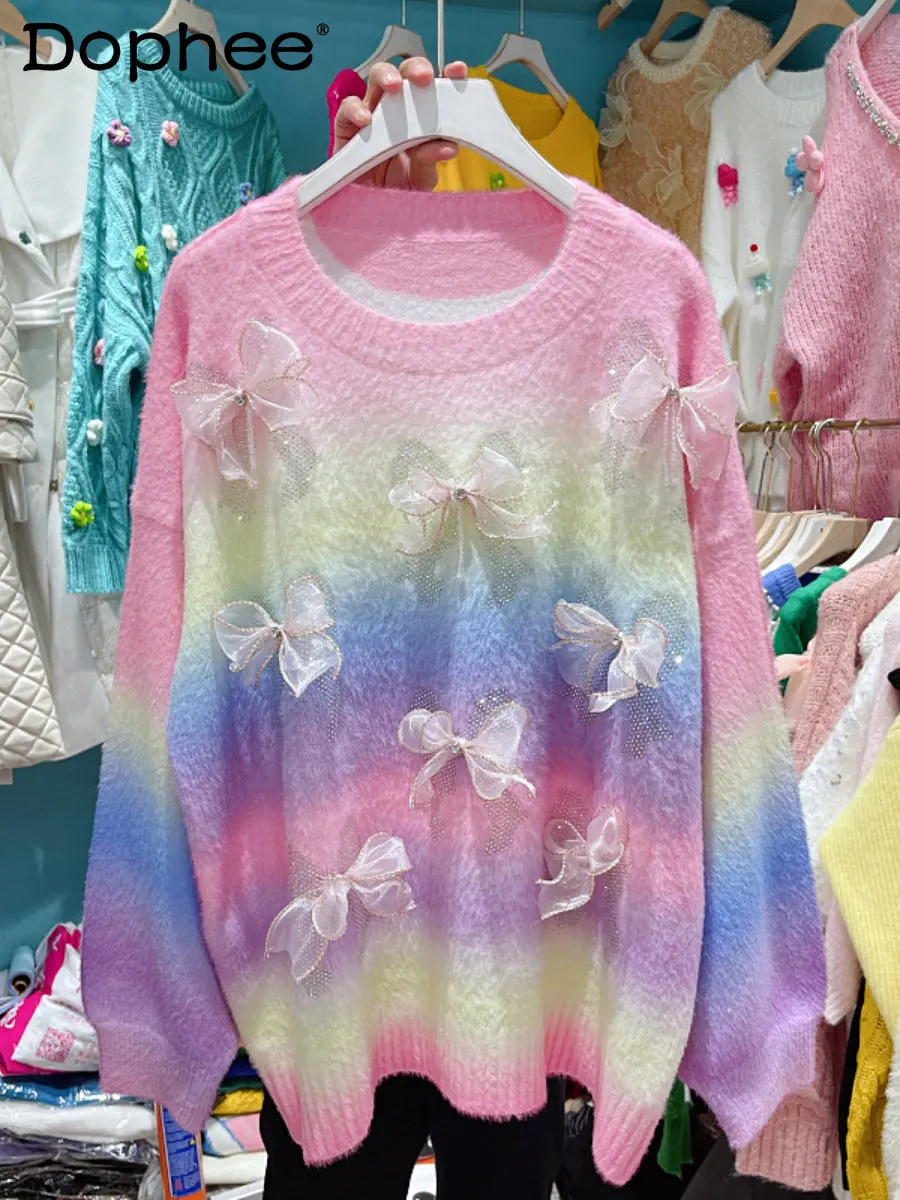 

Sweet Gradient Color Imitation Mink Bow Contrast Color Sweater Women Autumn Winter Korean Knitted Pullover Outerwear Sweater Top