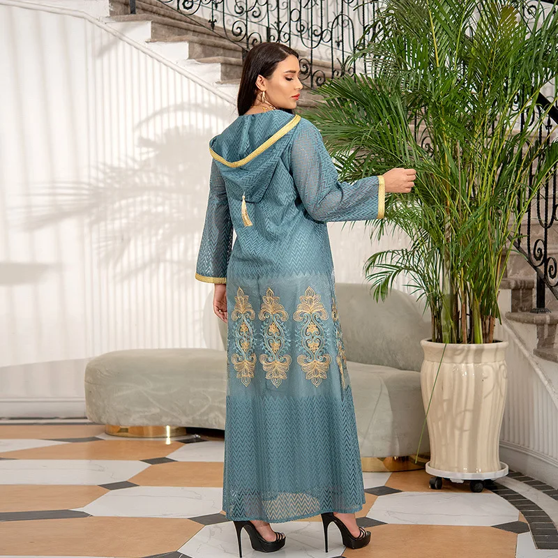 Robe Femme Musulmane Middle East Eid Al-Adha Gold Embroidered Hooded Gauze Saudi Arabia Dubai Robe Abayas For Women Vestidos