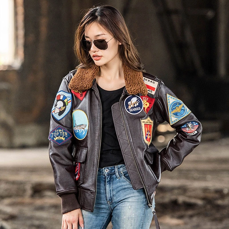 Dark Brown TOP GUN Maverick G1 Jacket Women Military Style Natural Thick Cowhide Winter Warm Aviator Genuine Leather Coats