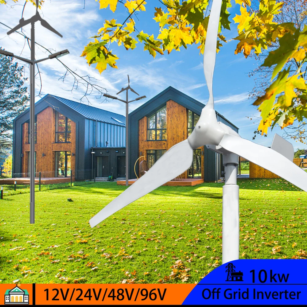 

5000W 24V 48V 96V 3 Blades Horizontal Wind Turbine Generator Windmill With MPPT Charger Controller and Off Grid Inverter System