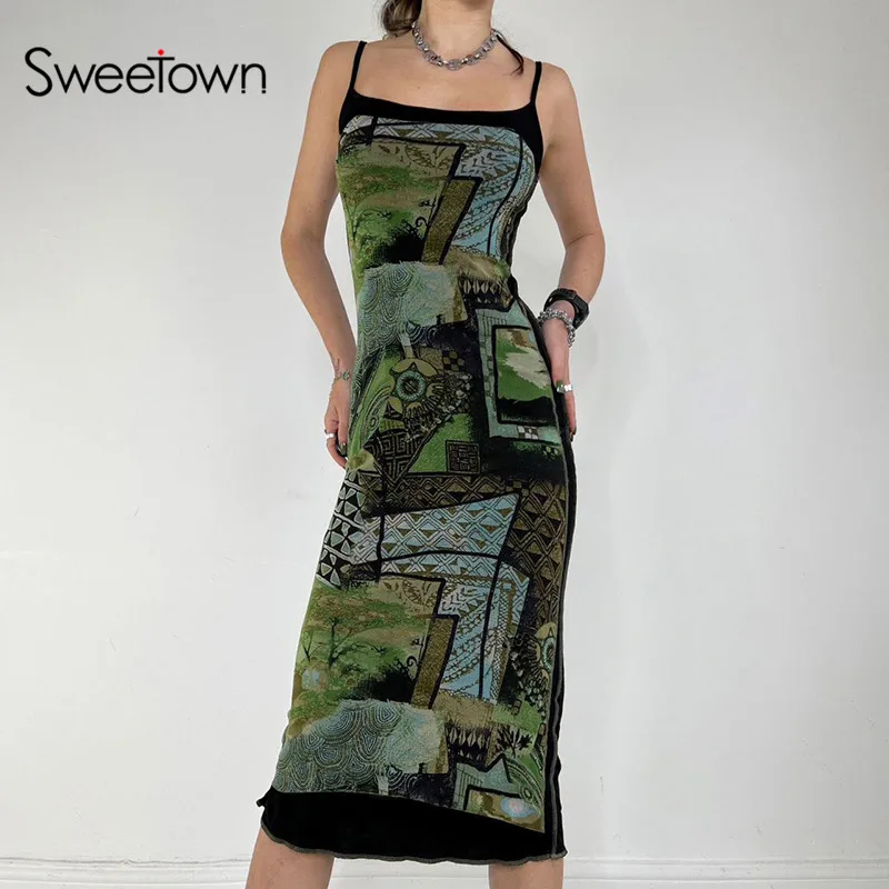 

Sweetown Green Tropical Print Fashion Lady Beach Dresses Women Contrast Color Sleeveless Slim Sexy Vestidos Longos Free Shipping