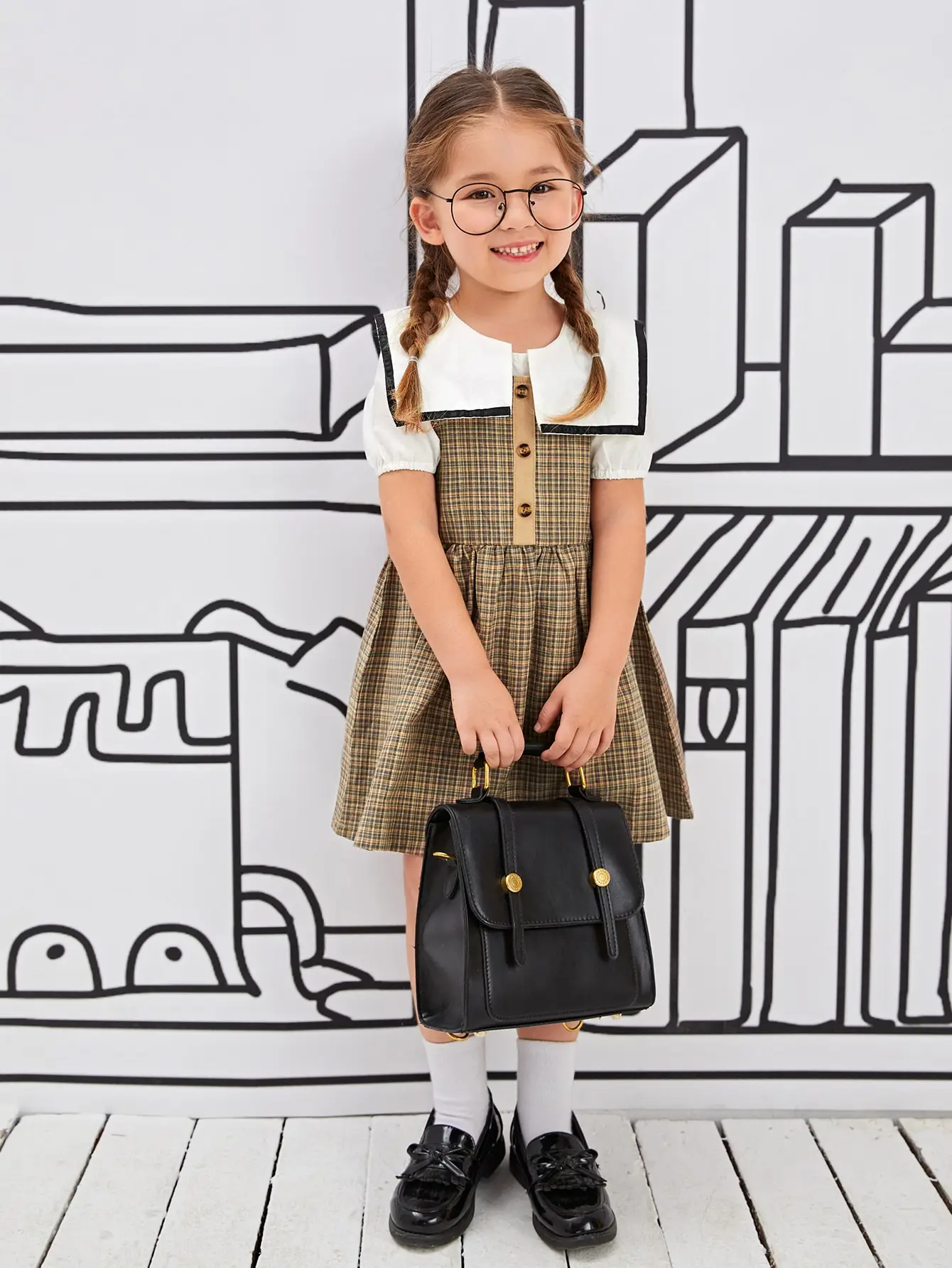 

Kids Dresses For Girl Summer Knee Length Costumes Short Sleeve Sxhool Uniform Plaid Print Dress Baby Children Patchwork Clothes