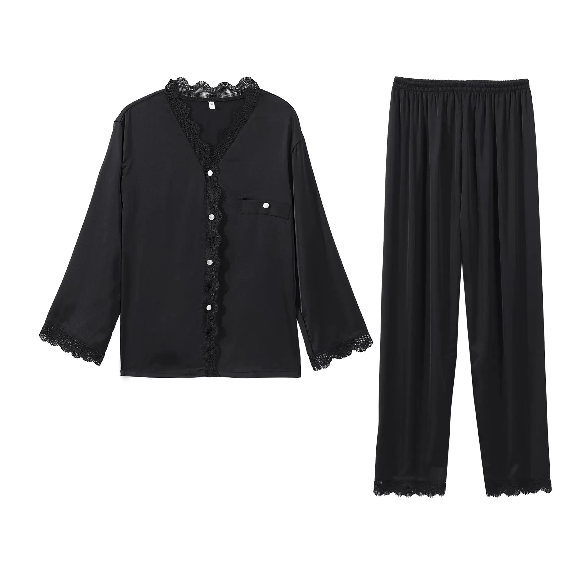 Spring Summer Sexy Silk Lace Long Sleeve Pants Pajamas Women's Suit Solid Color Home Leisure Homewear
