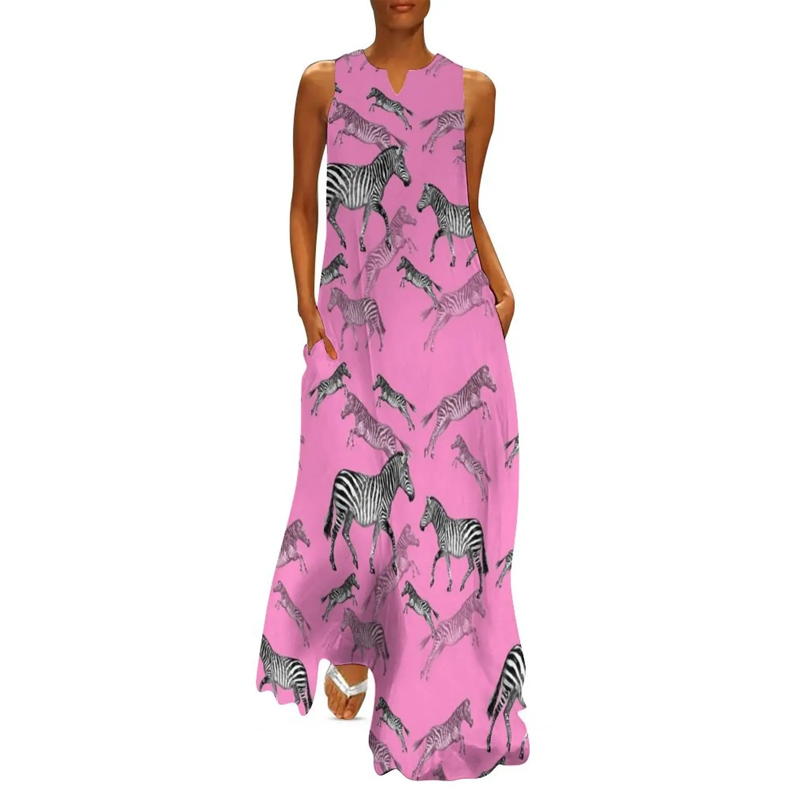 Leaping Zebras - Длинное платье с розовым фоном платья для выпускного вечера женские
