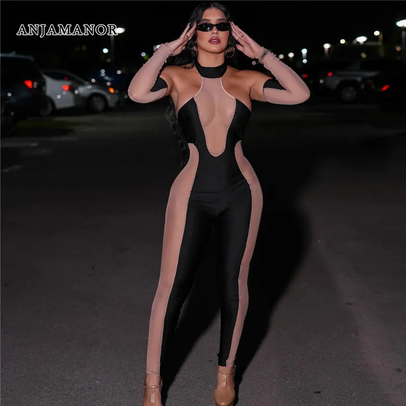 

ANJAMANOR Patchwork Mesh Halter Backless Jumpsuit with Sleeves See Through Sexy Black One Pieces Clubbing Outfits D96-CC23