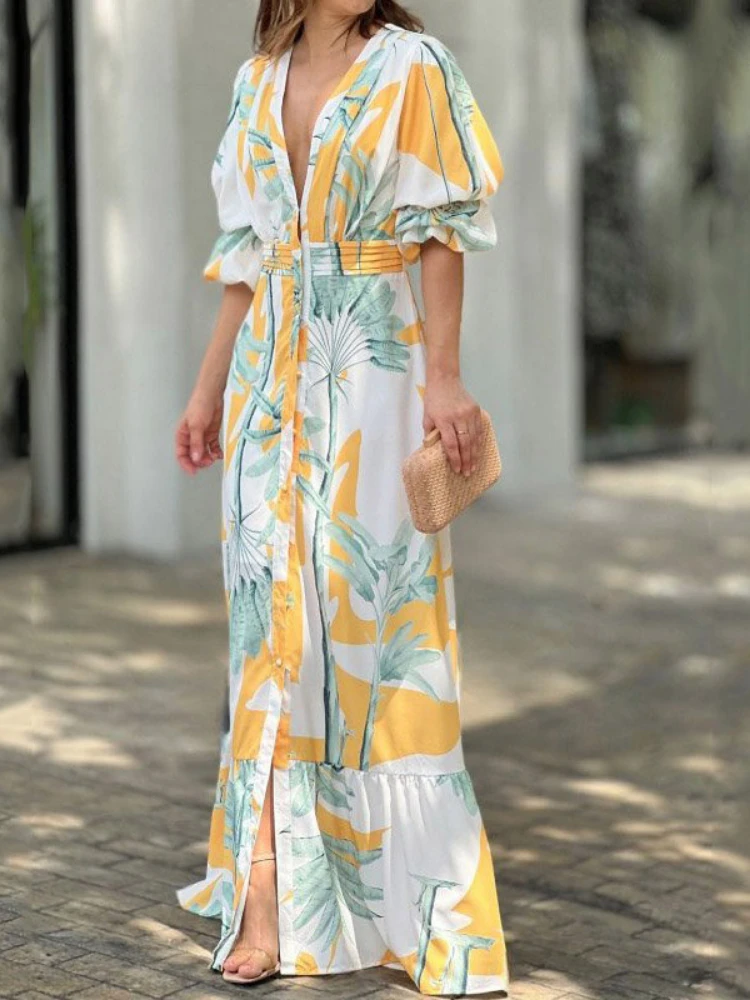 

Women Maxi Dress Summer Stylish Print Short Puff Sleeve V Neck Nipped Waist Slim Single Row Button Beach Party Dresses