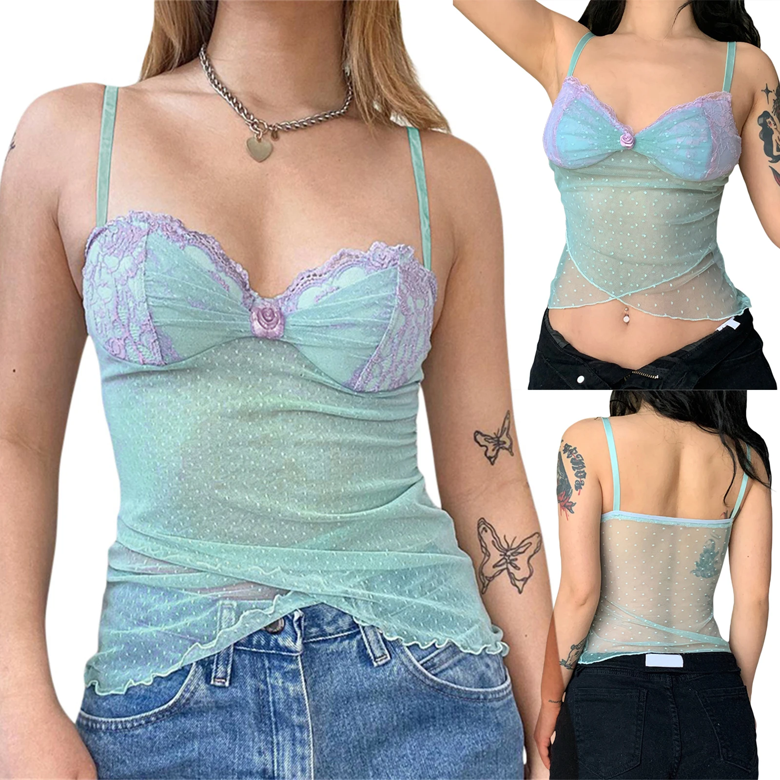 

Женский сексуальный летний топ без рукавов, кружевной топ в горошек с открытой спиной, прозрачный тонкий топ на бретельках, уличный стиль