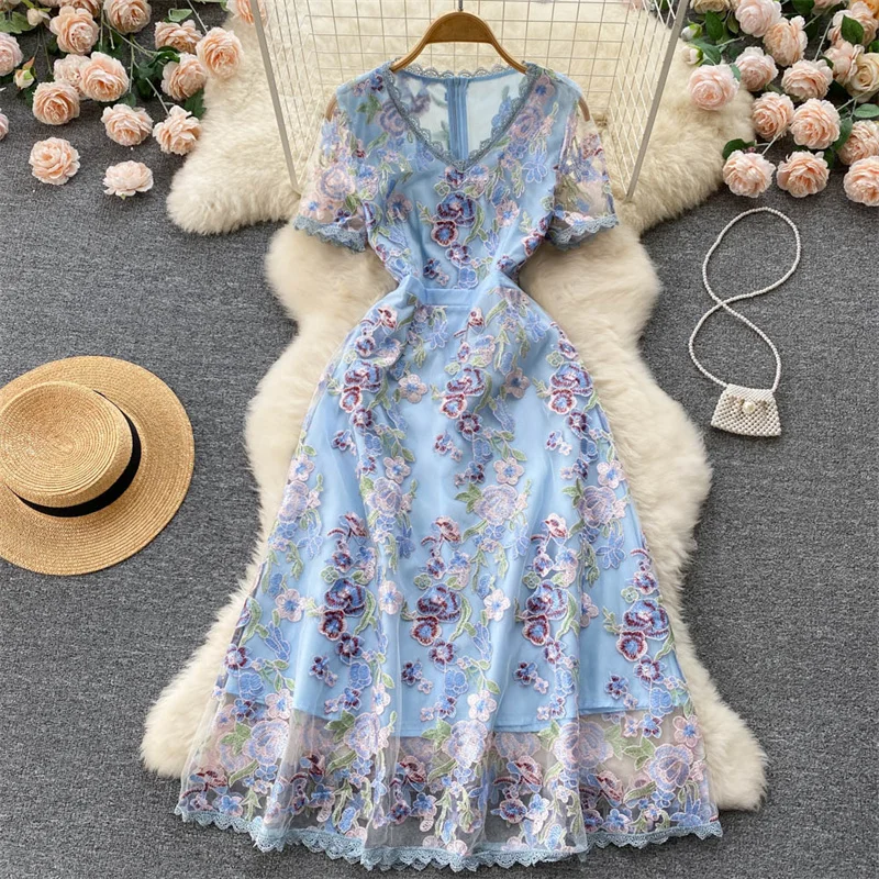 

2023 Summer New Lace V-neck Mesh Flower Embroidery Ladies Dresses Blue Vestidos Women High Waist Slim Short Sleeve A-line Dress
