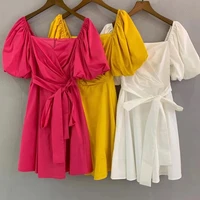 new 2022 summer fashion white rose red yellow dress high quality women sexy square collar belted short sleeve casual club dress