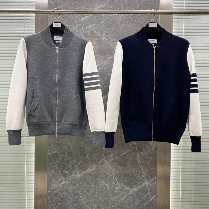 

THOM BROWNE Baseball Uniform Men Knitting Wool Sweaters 2022 Men's Golf Cardigan Coats 4 Bars Zipper O-neck Classic Men Clothes