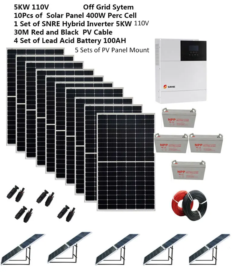 Solar Panel Kit Complete 5000W 220V 110V Solar Panel 400W Bracket Mounting Off Grid System MPPT UPS Hybrid Inverter 4HP Car RV