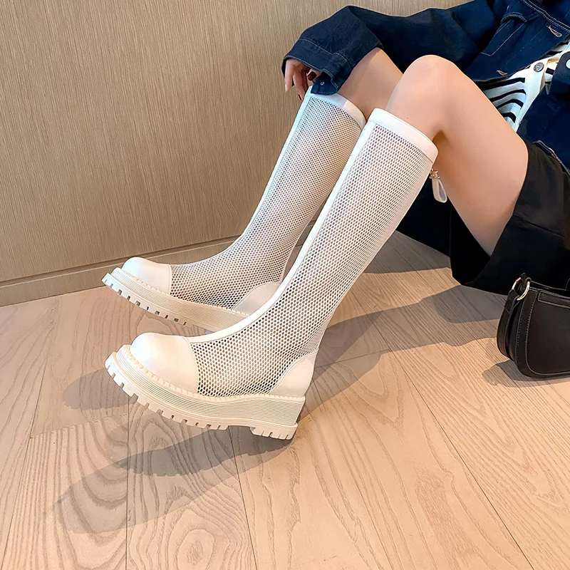

Hollow Shoes Breathable Mesh And Leather Thigh High Boots Rome Gladiator Women Sandals Platforma ShoesSummer Boots With Zippers