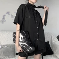 gothic shirt women japaneses style chic tie black shirts 2021 streetwear harajuku girl summer tops loose pockets preppy student