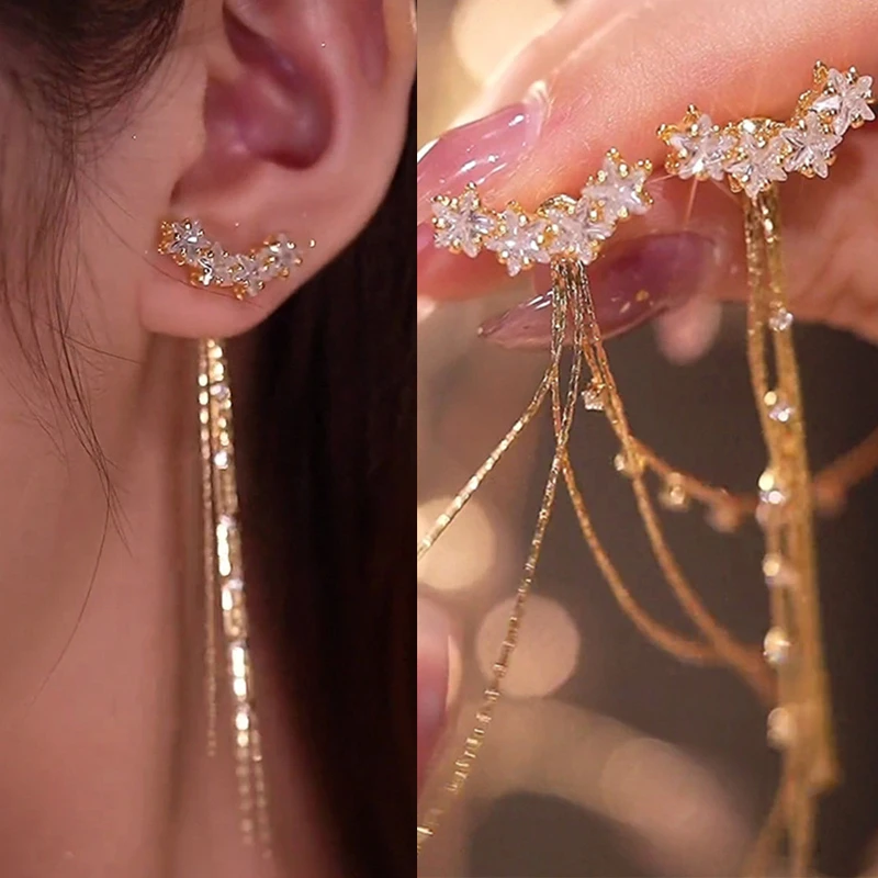 

Korean Sparkling Zircon Five-pointed Star Tassel Chain Stud Earrings For Women Fashion Wedding Party Jewelry Two Ways To Wear